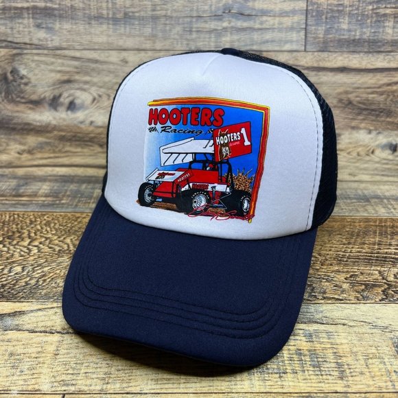 Hooters Drag Racing Mens Trucker Hat Navy Snapback Motorcycle Retro Baseball Cap - Picture 1 of 8